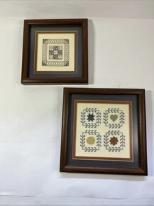 Set 2 VTG Wood Framed Cross Stitch Needlepoint Americana Folk Art Quilt Squares - Picture 1 of 8