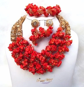 Hermoso Collar Coral Tradicional Novia Boda Coral Africano Nigeriano Joya - Imagen 1 de 8