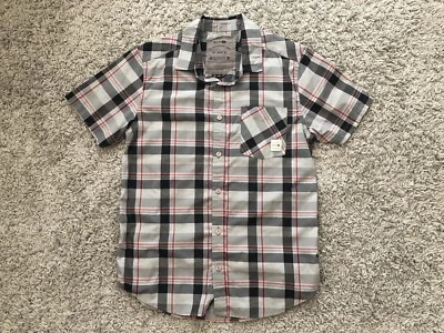 Ржавая, мужская клетчатая рубашка с коротким рукавом на пуговицах красная, черная и серая - Изображение 1 из 4