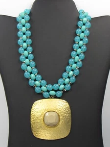 TOSCA Necklace Pendant Triple Strand Blue Glass Bead Gold Mocha Faceted Glass  - Picture 1 of 12