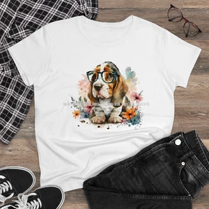 Basset Hound Puppy Dog Breed In Glasses Watercolor Art #1 Ladies T Shirt - Picture 1 of 3