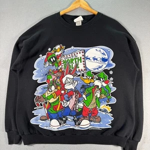 Vintage Looney Tunes North Pole Crewneck Sweatshirt Adult 2X Black Graphic 1994 - Picture 1 of 12