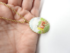 Hand Painted Barn House Silo Porcelain Oval Pendant Chain Necklace Vintage