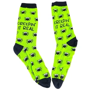 Halloween Spiders Socks "Creepin' It Real" Size Large Green Black Crew Stretch - Picture 1 of 5