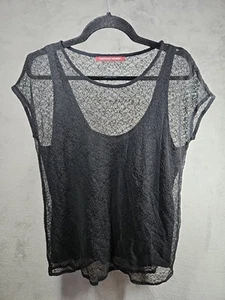 Comptoir des Cotonniers Intricate Black Lace Overlay Blouse Short Slv Sz L Tag=S - Picture 1 of 10