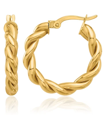 14K Solid Yellow Gold Twisted Round Medium Hoop Earrings - Image 1 of 4