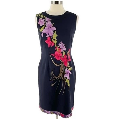 Elie Tahari Black Tropical Floral Print Silk Cocktail Sheath Dress Sleeveless 8 - Image 1 of 4