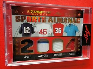 TOM BRADY ROGER FEDERER MARTINEZ WALLACE 4 PIECE GAME USED JERSEY CARD #d22/25
