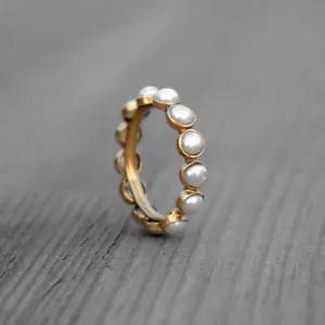 Solid 10K Yellow Gold Full Eternity Shiny White Pearls Wedding Ring For Women's - Picture 1 of 6