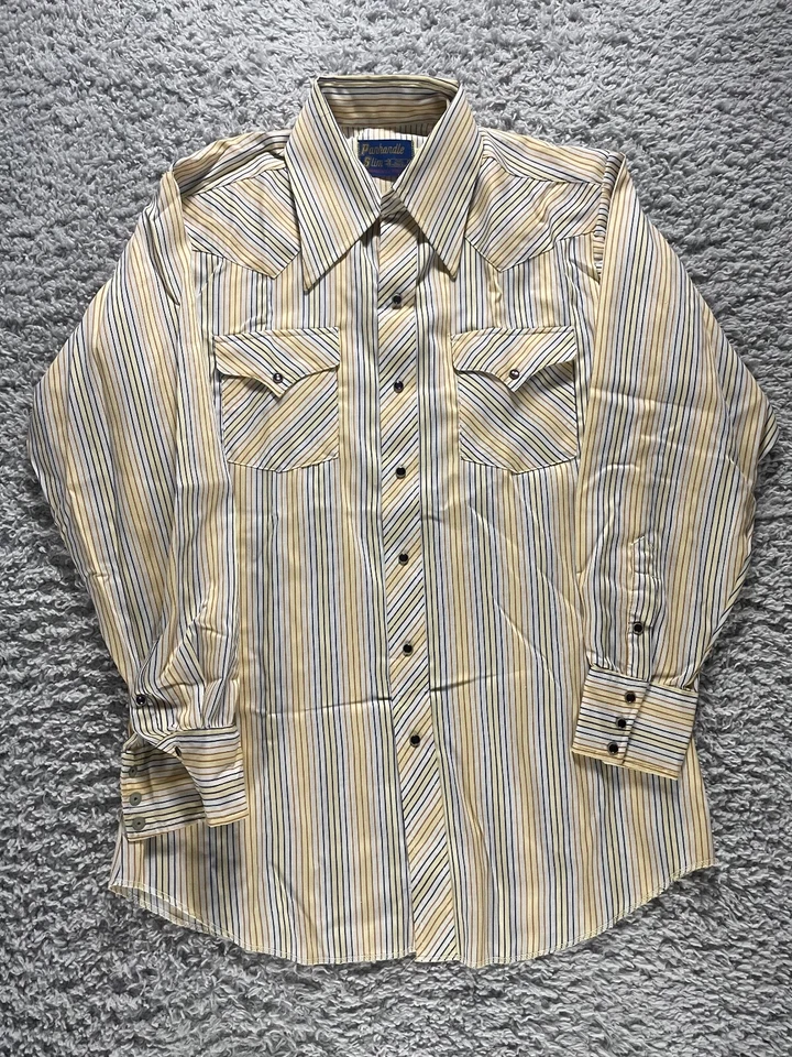 Panhandle Slim Shirt Mens 16-34 Yellow Pearl Snap Western Striped Double Pocket - Image 1 of 3