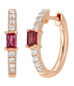 0.75ct Round Diamond 14K Yellow Gold Ruby Anniversary Wedding Woman Hoop Earring - Picture 1 of 4