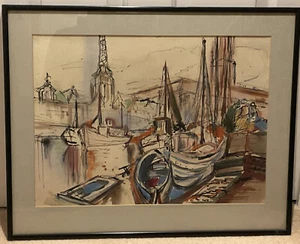Original Hans Hermann Hagedorn Watercolour Painting Artist German Picture Boats - Picture 1 of 12