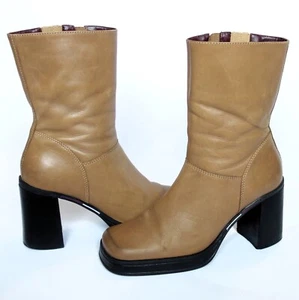 Vintage 90s Y2K Tommy Hilfiger Tan Leather Square Toe Platform BOOTS womens 8.5 - Picture 1 of 14
