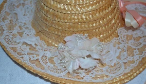 Vintage Straw Decorative Hat with Lace and Peach and Cream Ribbon, 12 in - Picture 1 of 16