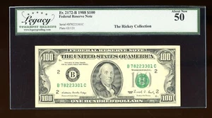 DBR 1988 $100 FRN New York Fr. 2172-B Legacy AU-50 Serial B78223301C - Picture 1 of 2