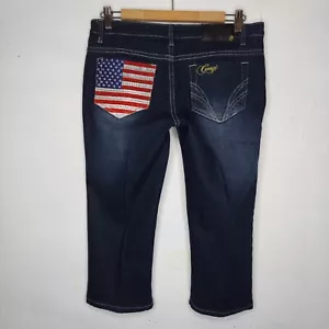 Coogi Capri Jeans Women 7 Jrs Lo-Rise Sequin USA Flag Patriotic Blue Stretch Vtg - Picture 1 of 7