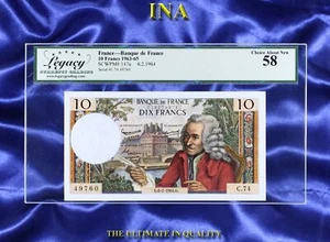 FRANCE 6-2-1964 10-Francs P#147a LEGACY AU 58 SN#: 74-49760 Voltaire #9234 - Picture 1 of 2