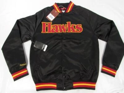 New Atlanta Hawks Mens Size Mitchell & Ness Light Weight Black Satin Jacket $120 - Image 1 of 4