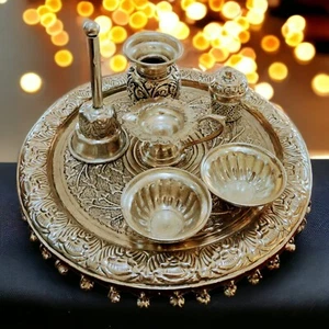 Puja Accessories Oxidised Pooja Thali Festival Set 10 Inch Temple Accessories - Picture 1 of 3