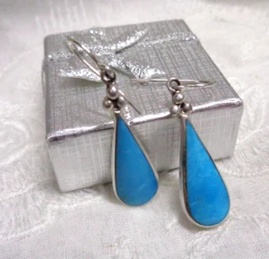 Estate Jewelry ~ .925 Sterling Silver TURQUOISE BLUE Teardrop Dangle Earrings - Picture 1 of 4