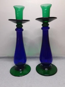 2er Set Kunst Glas Kerzenhalter ~ zweifarbig ~ kobaltblau & smaragdgrün - Bild 1 von 4