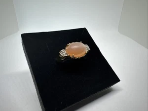 Anello Vintage Cabochon Pesca Pietra di Luna, Diamante, Oro Giallo 10K Dichiarazione Misura 7 - Foto 1 di 14