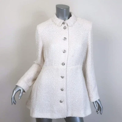 Chanel CC Embroidered Lace-Trim Sequined Tweed Jacket Cream Size 42 - Image 1 of 4