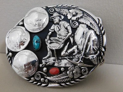 Vintage S.S.I Prospector Indian Buffalo Nickel Belt Buckle Turquoise Coral USA - Image 1 of 4