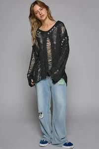POL Distressed Dropped Shoulder Long Sleeve Knit Top - Picture 1 of 5