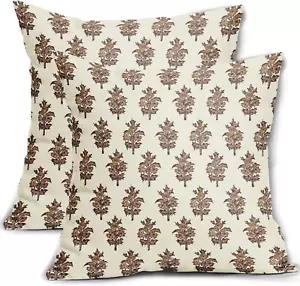 Brown Floral Block Print Pillow Covers 18X18 Set of 2 Spring Flower Pattern Deco - Picture 1 of 12