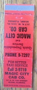 TAXI CAB MATCHBOOK COVER: MAGIC CITY CAB 1950s MATCHCOVER MIAMI, FLORIDA -D24 - Picture 1 of 2