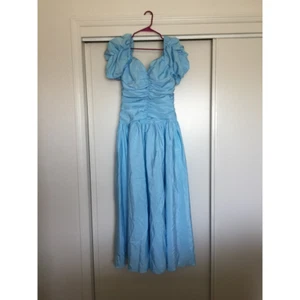Mori Lee Womens Gown Dress Blue Ruched Midi Sweetheart Neck Puff Sleeve 16 New - Picture 1 of 8