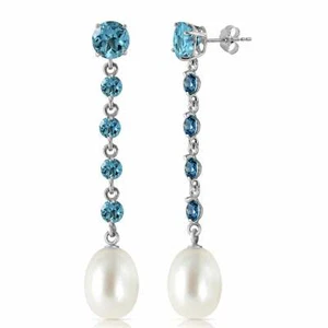 10 Carat 14K Solid White Gold Chandelier Blue Topaz & Pearl Gemstone Earrings - Picture 1 of 3