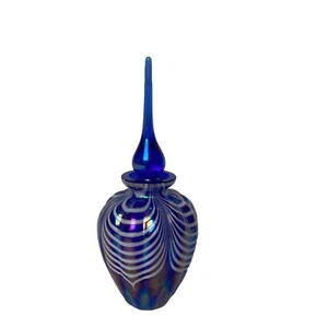 Vintage Swirl Art Glass Perfume Bottle w stopper Iridescent Cobalt Blue 6” VTG - Picture 1 of 9