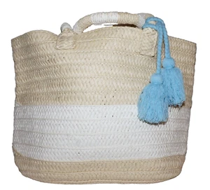 ALTRU Light Tan & White Woven Raffia Tote Bag 10 x 12 - Picture 1 of 11