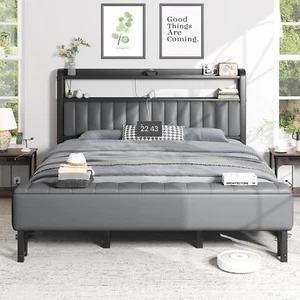 Full/Queen Size Bed Frame with Starry Sky Lights and Storage Drawer - Picture 1 of 23