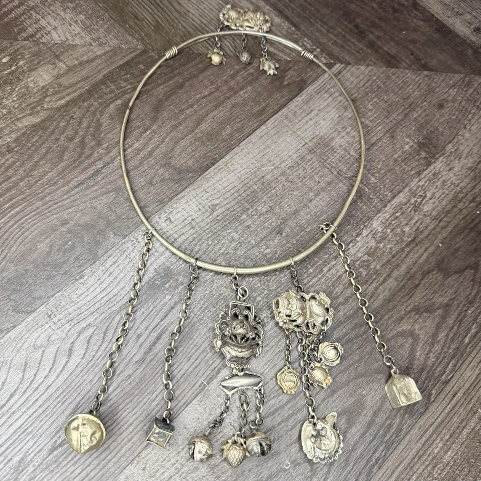 Antiguo collar chino Qing 19C medallón de plata esterlina ajustable 20 pulgadas Foto 1 de 4