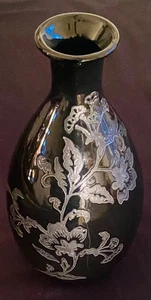 VTG Vase Black Ceramic Etched Silver Floral Design 11.5”X6.5” - Picture 1 of 14