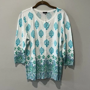 Talbots Cardigan Womens 0X Blue Geometric Sweater Cotton Rayon 3/4 Sleeve Button - Picture 1 of 6