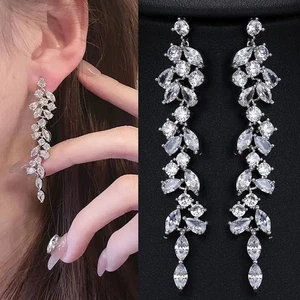 Long Cubic Zirconia pierced On Earrings Drop Dangle Silver Wedding Prom Pageant - Picture 1 of 5