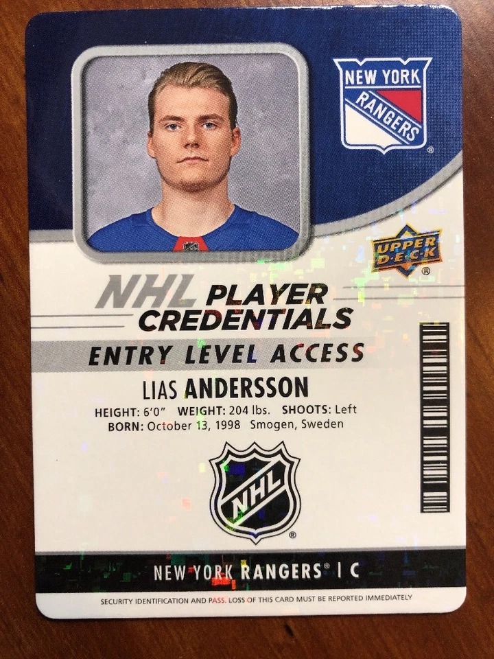 2018-19 UD MVP NHL Player Credentials Entry Level Access #NHL-LA Lias Andersson - Image 1 of 1