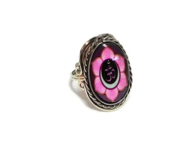 Anillo Ajustable Rosa Om Signo Flor Plata Metal Boho Naturaleza Espiritual Joyería Foto 1 de 2