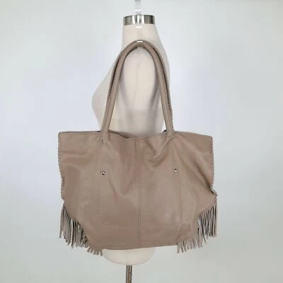 Bolso de Mano Linea Pelle Cartera Janis Cuero Taupe Beige Trenzado Flecos Borde Foto 1 de 4