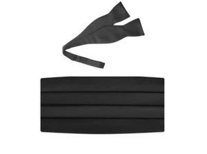 Neu schwarze Satin-Kummerbund-Fliege und passende selbstbindende Herrenfliege - Bild 1 von 3