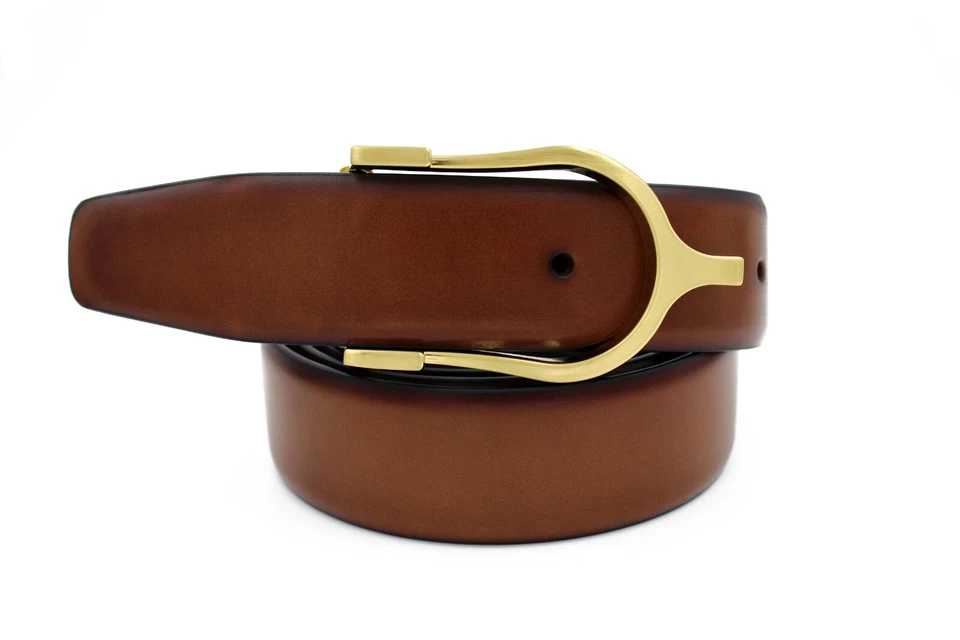 Marco Valentino Cognac Leather Men's Belt with Gold Horseshoe Buckle - Image 1 of 1
