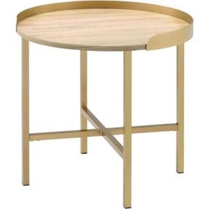 ACME Mithea Round Wooden Top End Table with Cross Bar Base in Oak and Gold - Picture 1 of 7