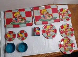 Juego de té litográfico de hojalata para niños Ohio Art Girl con carretilla años 50 11 piezas - Imagen 1 de 14