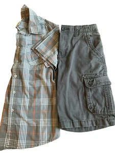 Lot of 2, Boys Youth Cargo Gray Shorts & Button Up Shirt Size 14/16 - Picture 1 of 9