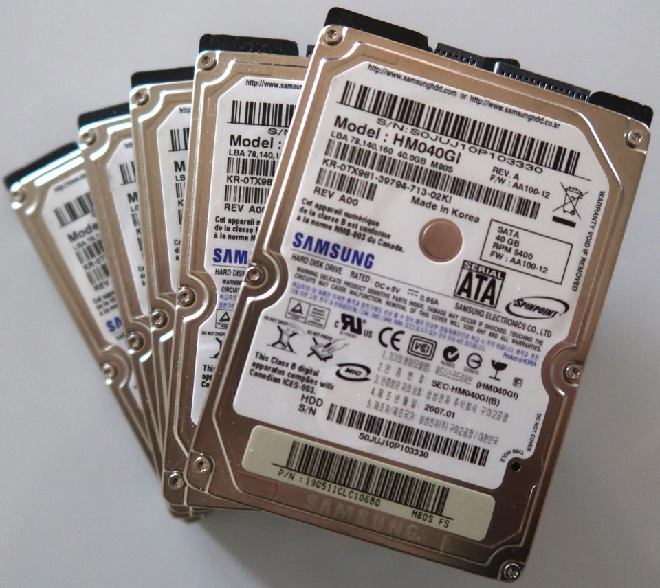 Lot of 5 Samsung HM040GI M80S 5400rpm 2.5" 40gb Sata hard drives - Image 1 of 1
