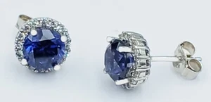 GENUINE 3.76 Ct BLUE & WHITE SAPPHIRES STUD EARRINGS .925 Silver -New With Tag - Picture 1 of 10